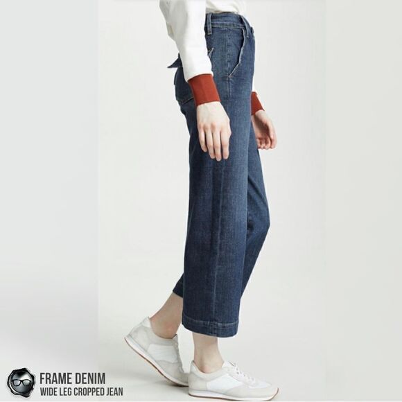 FRAME DENIM WIDE LEG CROPPED JEANS IN MOSEY BLUE STRETCH DENIM WOMEN’S SIZE 28 - Picture 8 of 15
